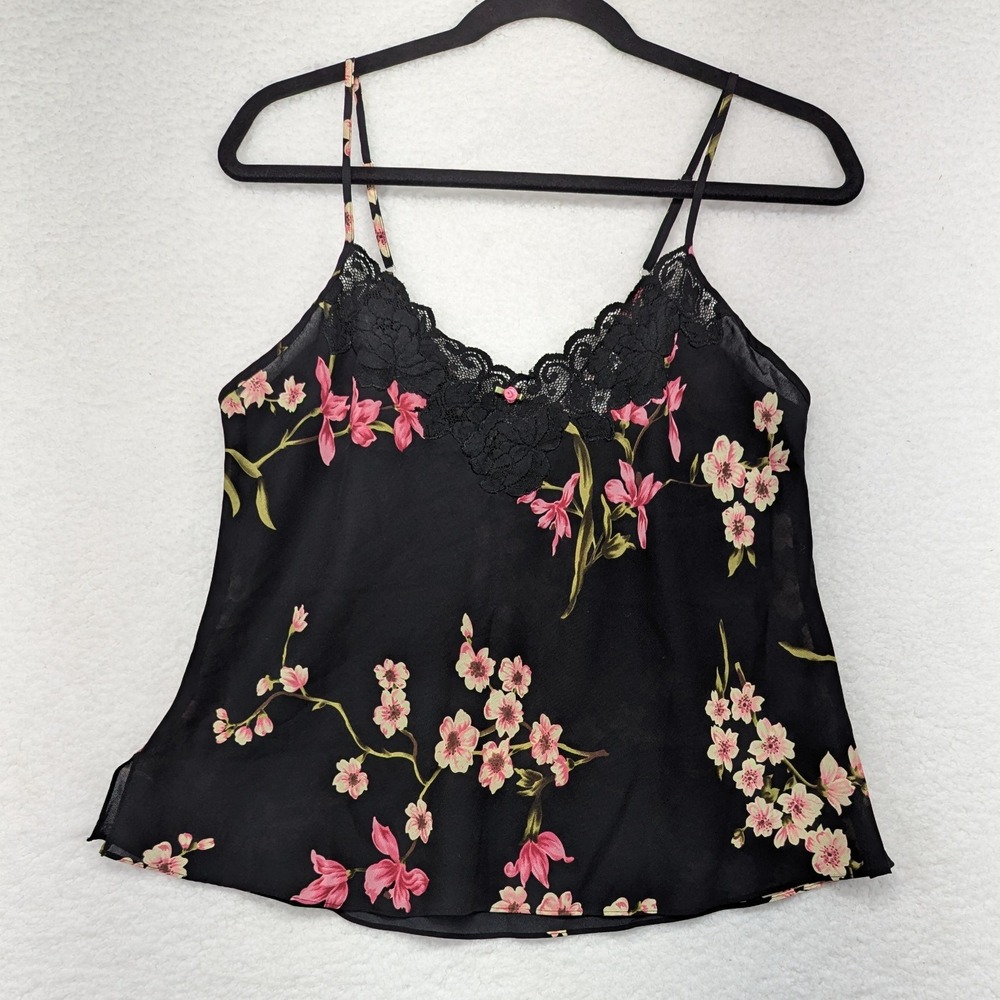 Oscar de la Renta Pink Label Floral Cami Top Black‎ Lace Trim Sleeveless L